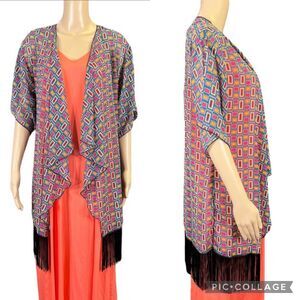 LulaRoe Womens Kimono Shawl Shrug Wrap Sheer Geo Print Fringe Trimmed Small